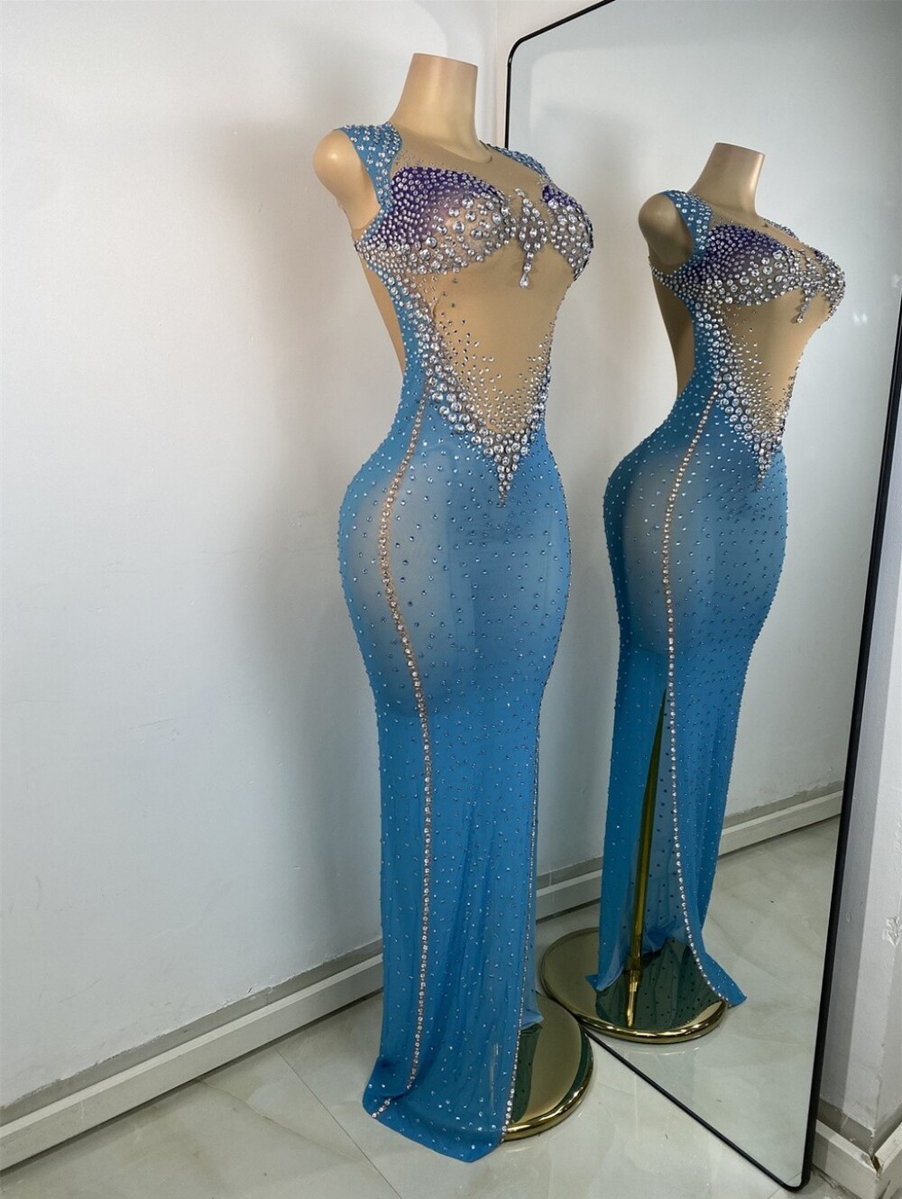 Sky Blue Embellished Sheer Panel Evening Gown